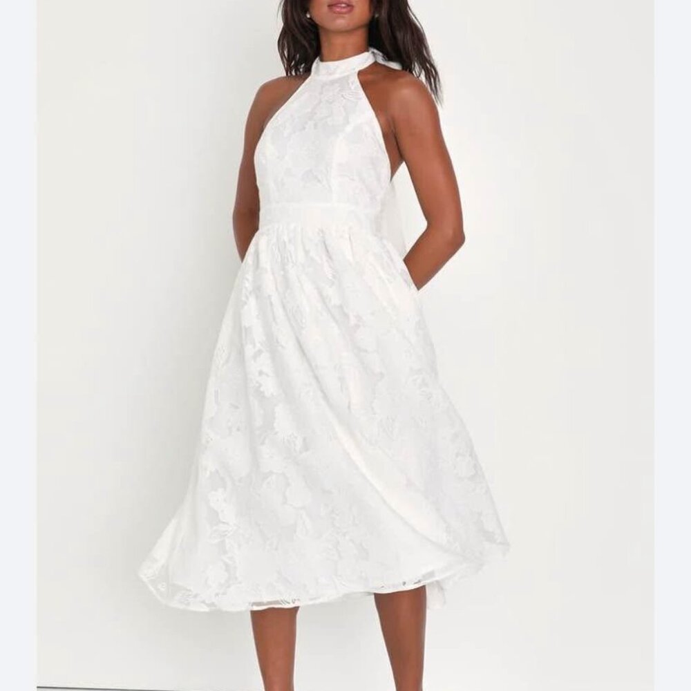 Lulu’s Gorgeous Look White Floral Burnout Halter Tie Neck Midi Dress, NWT Size M